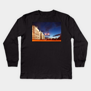 Royal Palace, Palace, Palacio Real on Plaza de Oriente at dusk, Madrid, Spain, Europe Kids Long Sleeve T-Shirt